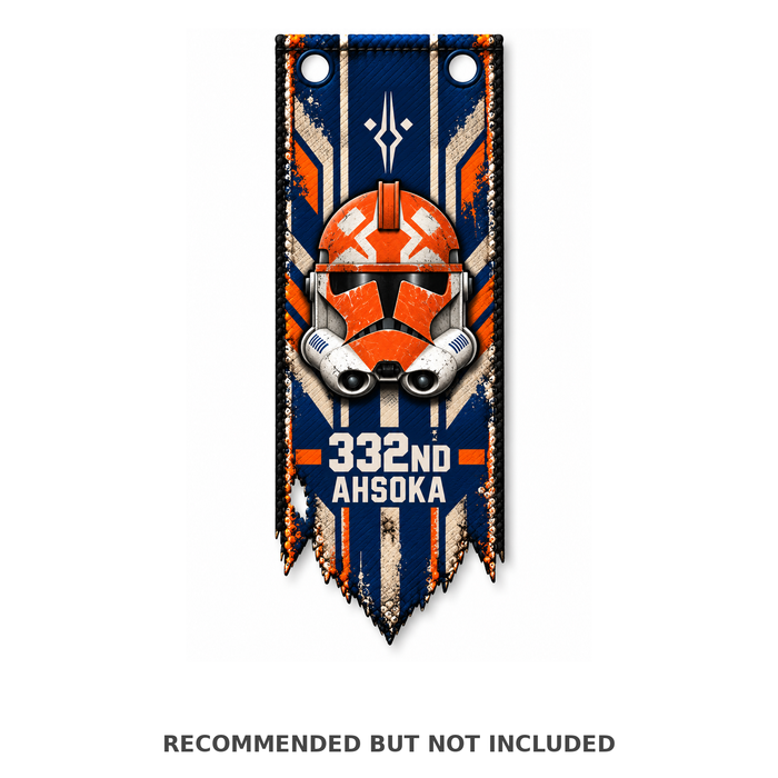 332nd Ahsoka Clone Trooper custom cloth banner for LEGO minifigures, inspired by Star Wars The Clone Wars, featuring orange helmet and blue battalion design. Recommended but not included.