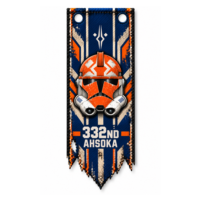 332nd Ahsoka Tano Clone Trooper cloth banner inspired by the Siege of Mandalore, custom fabric accessory for LEGO Star Wars minifigure displays.