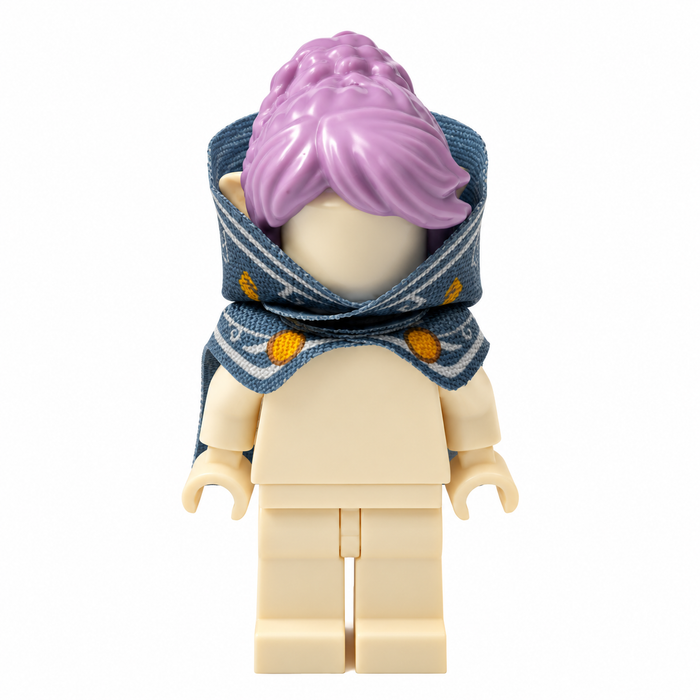 Zelda Link Champion Blue-Gray cloth cape and hood for LEGO minifigure, front view with gold button details