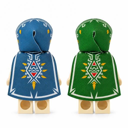 Link-inspired cloth cape and hood sets for LEGO-compatible minifigures in Champion Blue-Gray and Classic Hero Green, rear view