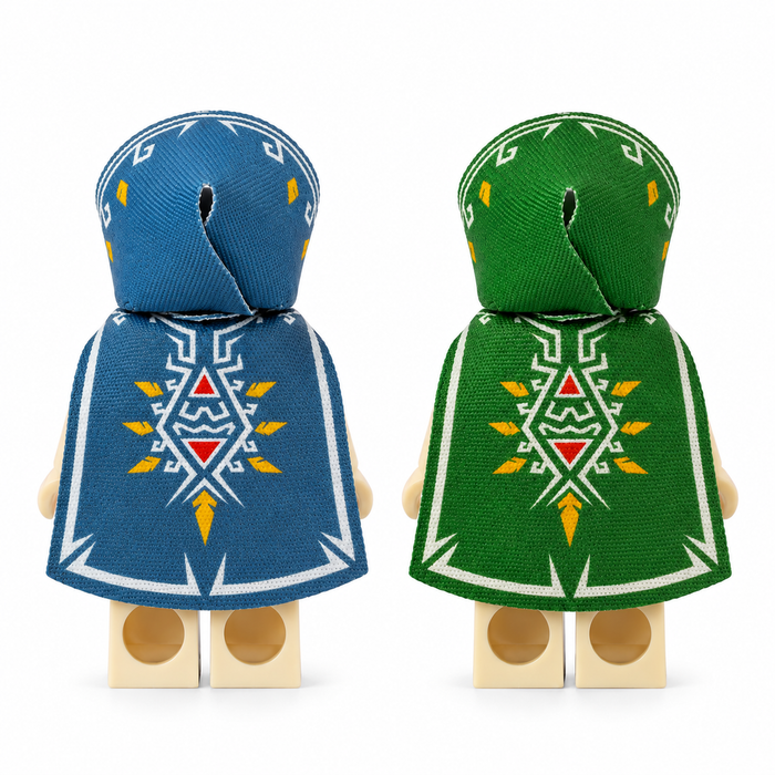 Link-inspired cloth cape and hood sets for LEGO-compatible minifigures in Champion Blue-Gray and Classic Hero Green, rear view