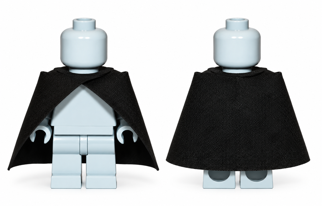 Black medieval fantasy over-the-shoulder cloth cape worn by a LEGO-compatible minifigure