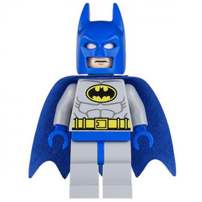 Batman-style LEGO minifigure wearing a custom classic blue fabric cape with scalloped bat-wing edges