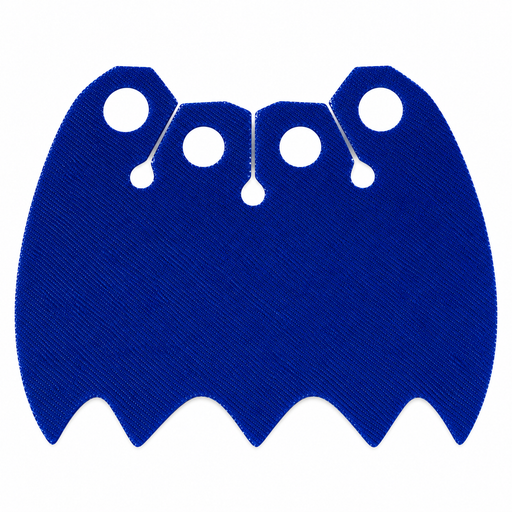 Shiny blue Batman-inspired cloth cape with four mounting holes and scalloped bat-wing edges for LEGO minifigures