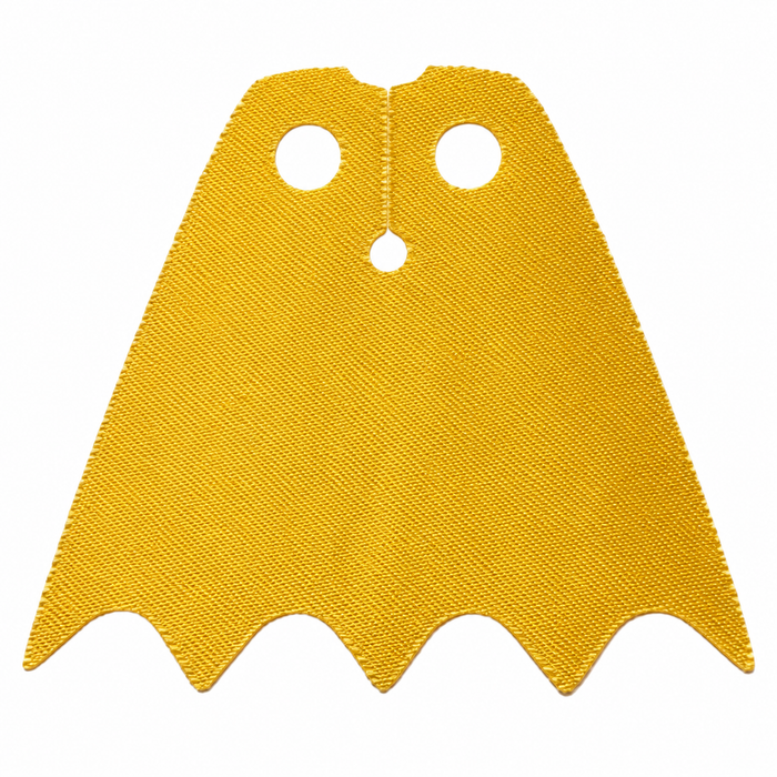 Golden yellow scalloped cloth cape for LEGO Batman, Batgirl and Robin minifigures, featuring bat-wing edges, two neck holes, center cutout and subtle shiny fabric texture.