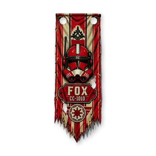 Commander Fox Coruscant Guard crimson red battle-worn cloth banner with Clone Trooper helmet design for LEGO Star Wars minifigure displays