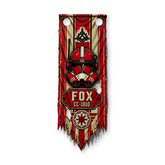 Commander Fox Coruscant Guard crimson red battle-worn cloth banner with Clone Trooper helmet design for LEGO Star Wars minifigure displays