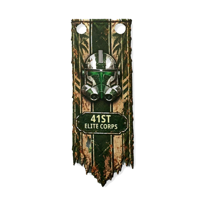 Commander Gree 41st Elite Corps green cloth battle banner featuring a weathered Clone Trooper helmet, Kashyyyk forest-inspired tree design and distressed edges for LEGO Star Wars minifigure displays