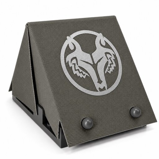 Gray 104th Wolfpack cloth tent with silver wolf emblem inspired by Commander Wolffe for LEGO Star Wars minifigure displays and Clone Wars dioramas