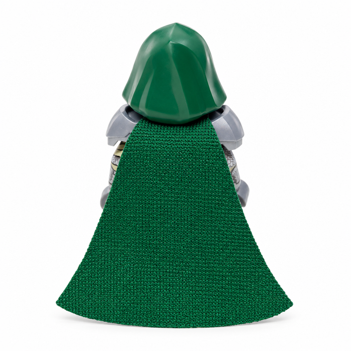 Doctor Doom LEGO Marvel minifigure back view displaying custom green fabric cape with gray shoulder armor, cape sold separately