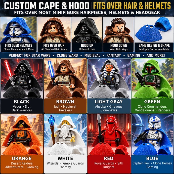 Custom cloth cape and hood sets for LEGO minifigures in multiple colors, designed to fit over helmets and hairpieces for Star Wars, Clone Wars and fantasy characters.