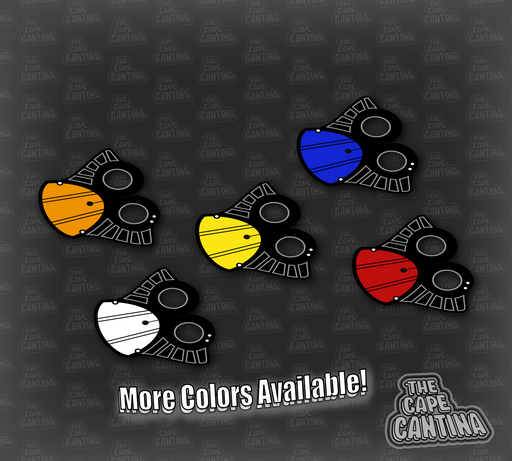 A selection of Stormtrooper pauldrons in various colors displayed on a patterned background, with a text overlay stating 'More Colors Available!' and the logo of 'The Cape Cantina'.