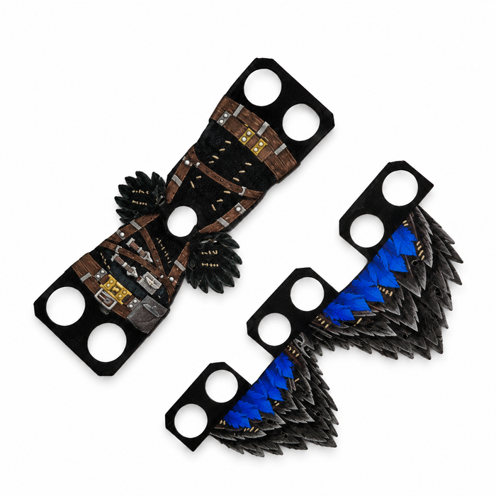 Fortnite Raven custom cloth outfit for LEGO minifigures featuring a detailed black armor vest and blue feather-style kama, shown laid flat