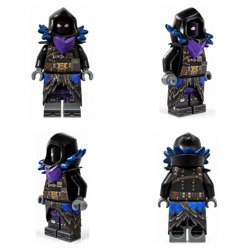 Fortnite Raven custom cloth armor vest and wing-style kama for LEGO minifigures, shown from front, side and back views