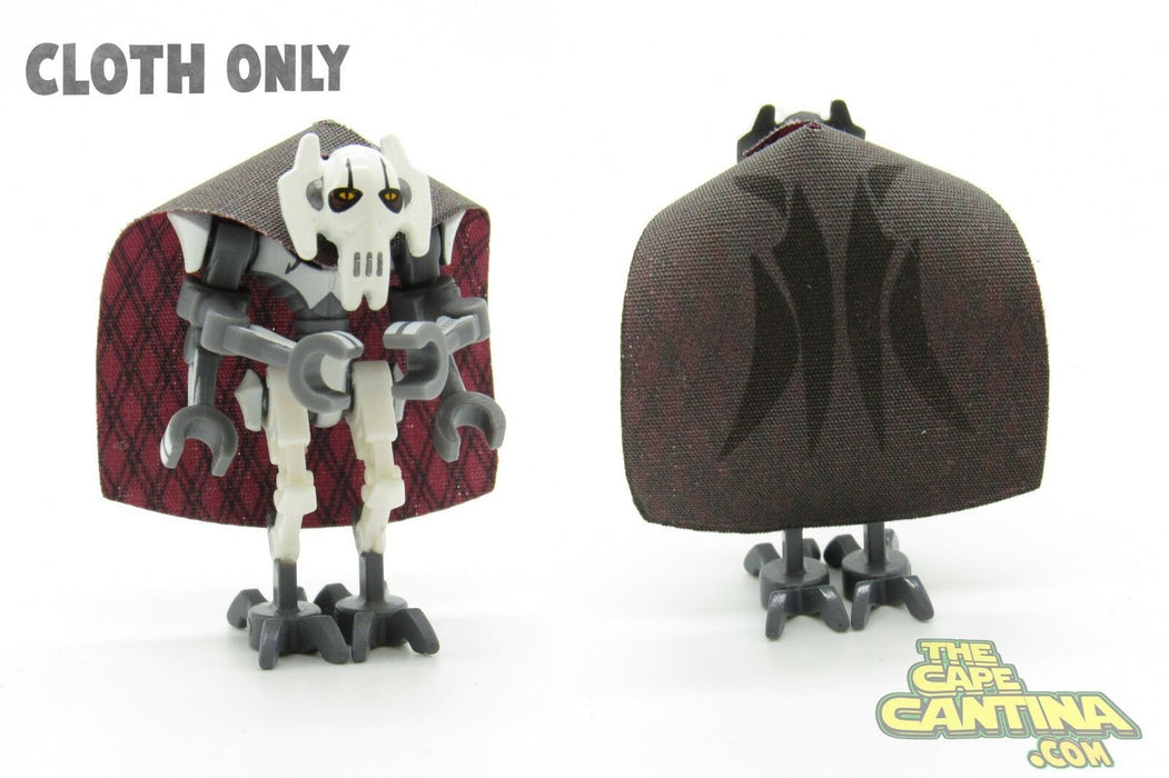 General Grievous inspired villain cape cloth accessory for LEGO® minifigures in white fabric, shown on custom minifigure display