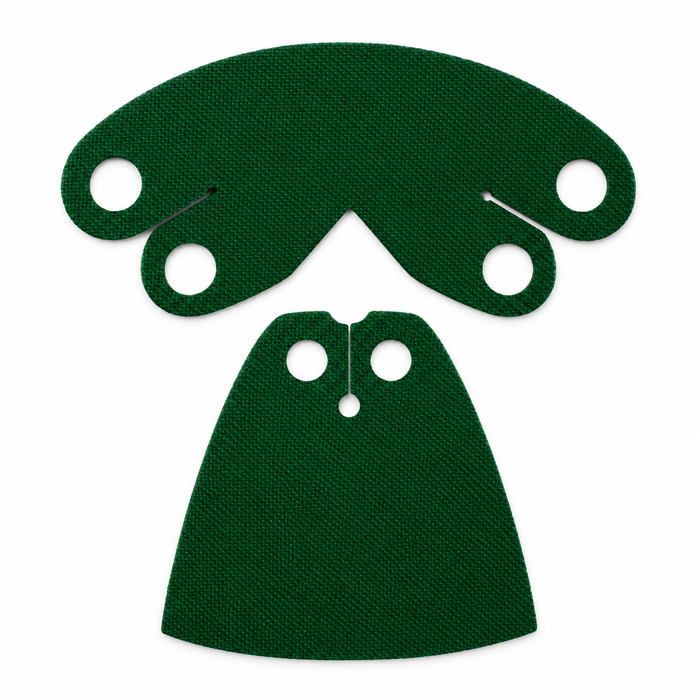 Green fabric cape and matching hood set for LEGO minifigures, ideal for sci-fi villains, medieval fantasy characters and custom MOC displays.