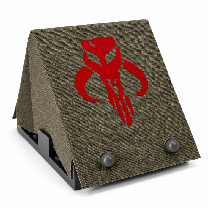Mandalorian olive-gray cloth tent with red Mythosaur skull emblem and optional frame for LEGO Star Wars minifigure displays and dioramas