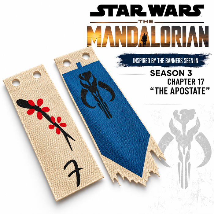 House Vizsla and Mythosaur custom cloth banners inspired by The Mandalorian Season 3 Chapter 17 for LEGO minifigure displays