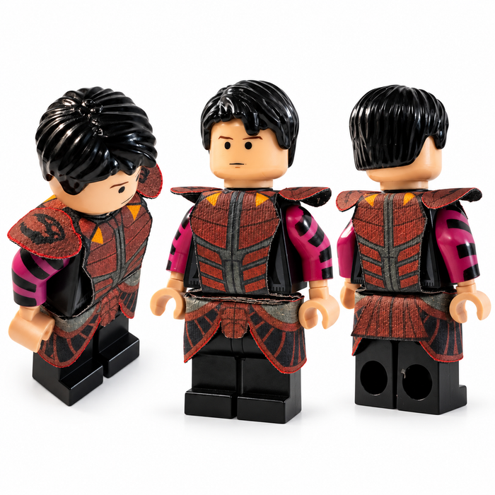 Rook Kast Mandalorian custom cloth armor vest and kama set displayed on a LEGO Star Wars minifigure from three different angles.