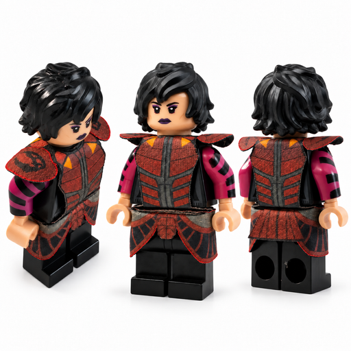 Rook Kast Mandalorian custom cloth armor vest and kama set displayed on a LEGO Star Wars minifigure from three different angles.