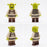 Shrek custom cloth tunic and sleeves for LEGO minifigures, 3-piece fabric outfit shown from front, back and side views