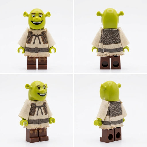 Shrek custom cloth tunic and sleeves for LEGO minifigures, 3-piece fabric outfit shown from front, back and side views