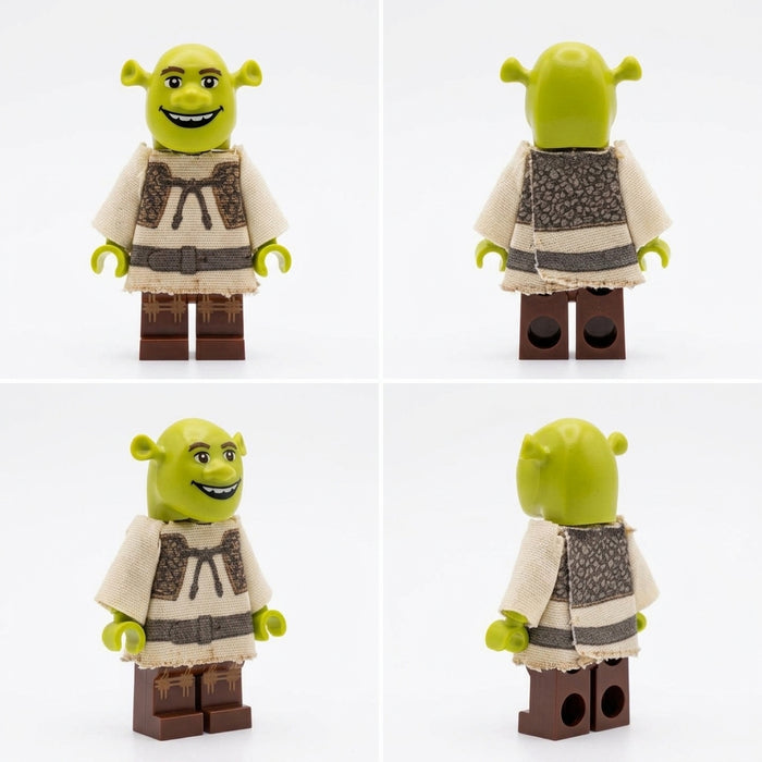 Shrek custom cloth tunic and sleeves for LEGO minifigures, 3-piece fabric outfit shown from front, back and side views