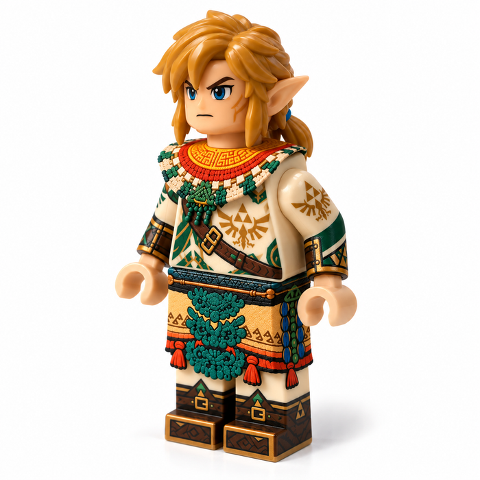 Custom Link minifigure wearing Zonaite Armor-inspired cloth collar and waistguard from The Legend of Zelda: Tears of the Kingdom
